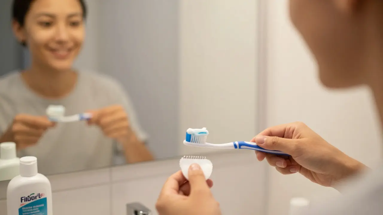 Osoba čistí zuby štětečkem a nití v koupelně