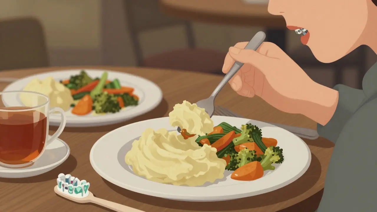 Osoba jedí měkké jídlo v kavárně s ortodontickými pomůckami na stole.