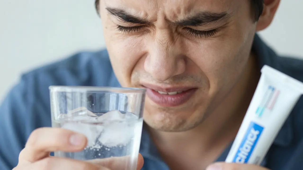 Osoba s citlivými zuby drží ledovou vodu a zubní pastu, trpí bolestí.