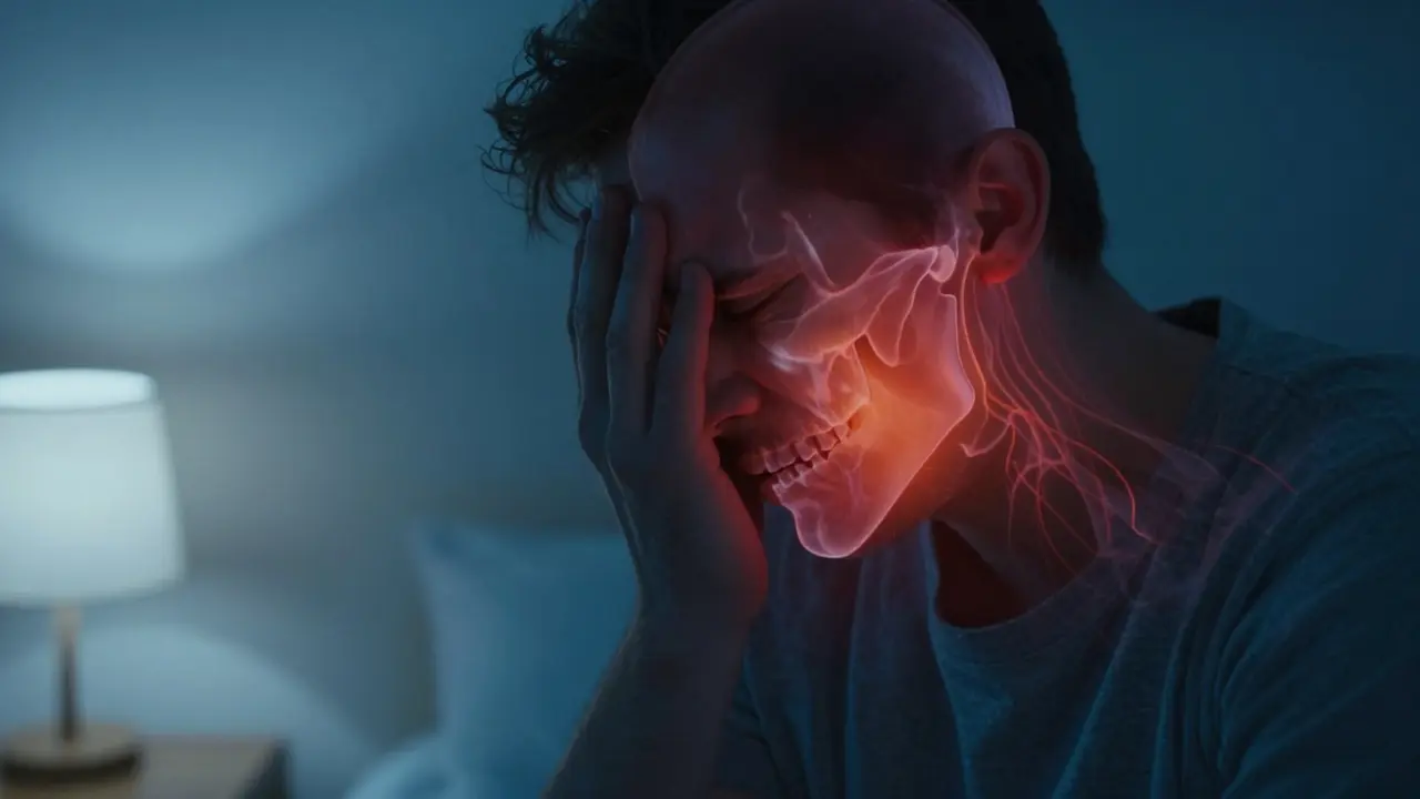 Osoba trpící noční bolestí zubu, s přehledem vnitřního zánětu okostice a šíření bolesti do ucha.