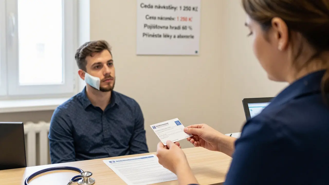 Pacient podává plnou zdravotní pojišťovací kartu recepci na zubní pohotovosti v Praze.