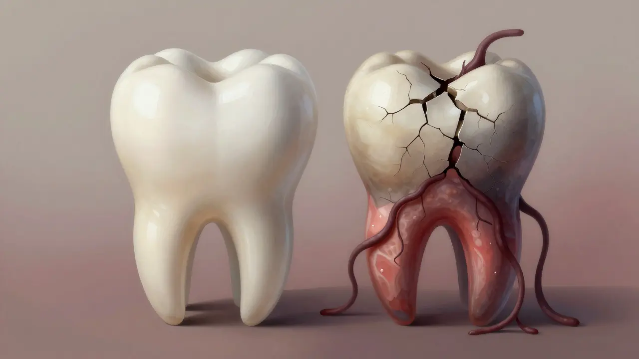 Porovnání zdravého a infikovaného zubu s rozšiřující se infekcí do čelisti, symbolizující důsledky zanedbání.