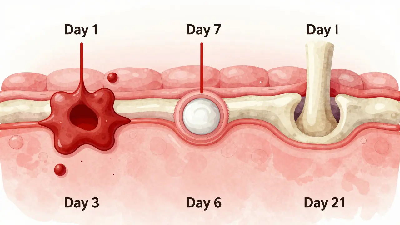 Postupné hojení rány po extrakci zubu: krevní sraženina, nová tkáň a obnova kosti.
