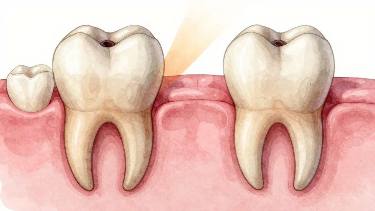 Před a po kyretáži: infikované dásně se mění na zdravé, těsně přiléhající k zubu.