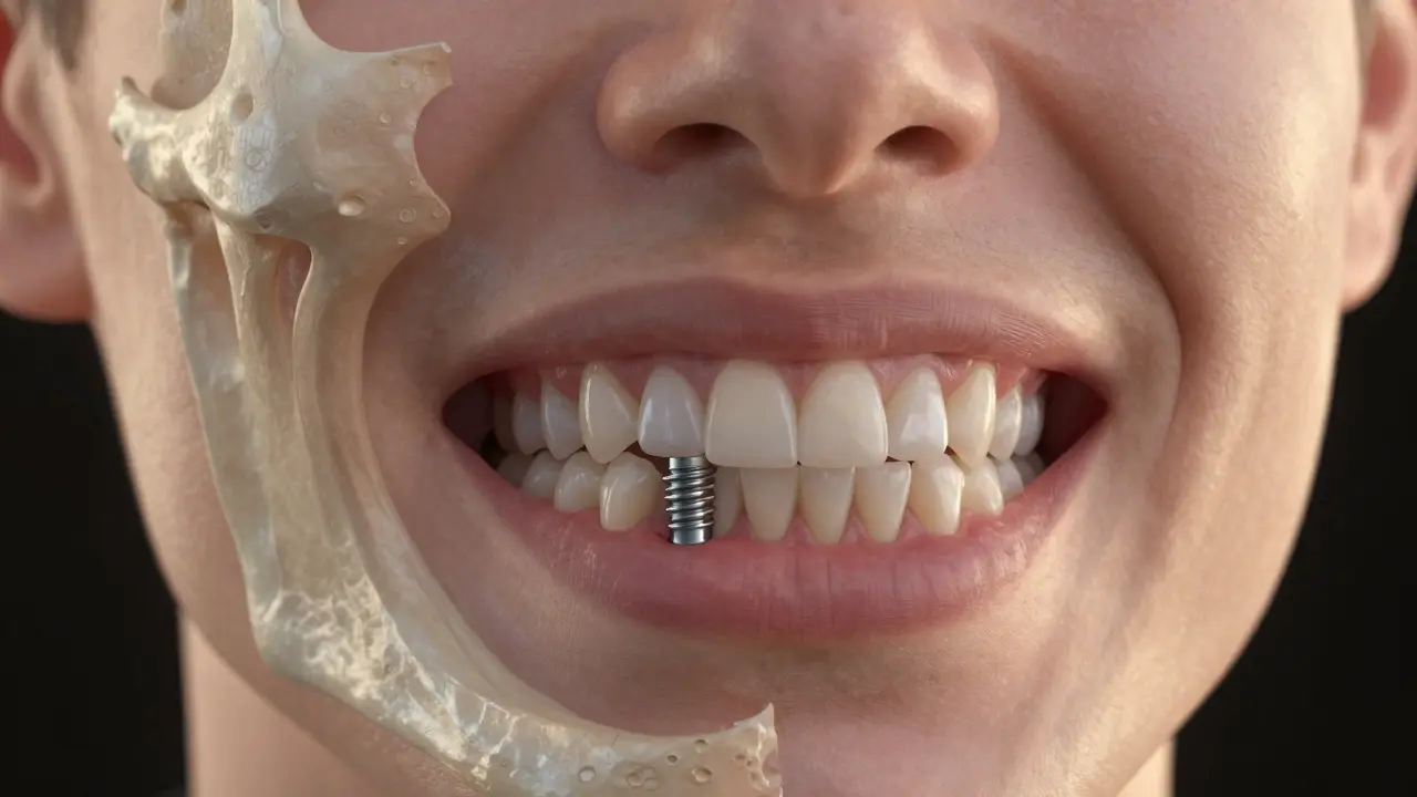 Přehled kostní struktury čelisti s implantáty a obnovenou hustotou kosti.