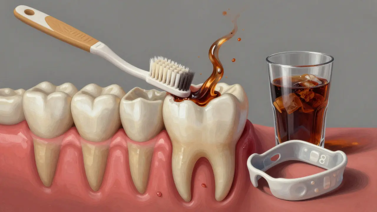 Přehled zubu v řezu s odhaleným dentinem a příčinami citlivosti: tvrdý kartáček, kyselé nápoje a noční štětec.