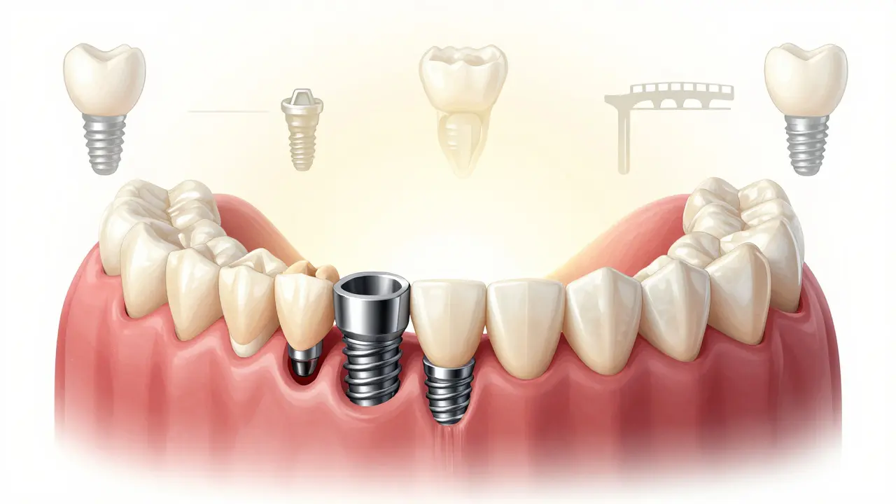Přehledný řez čelistí s obnovenými zuby, implantáty a korunkami, teplým světlem osvětlený, s vyznačenými zubními technikami.