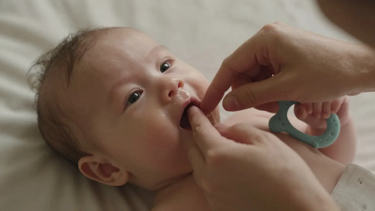 Rodič jemně masíruje dásně dítěte čistým prstem v klidné atmosféře.