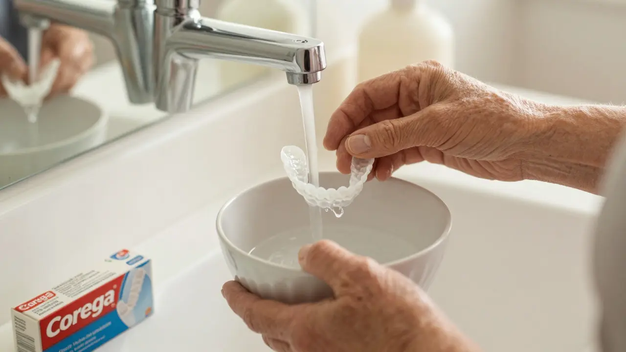 Starší osoba opatrně oplachuje nasazovací zuby pod tekoucí vodou.
