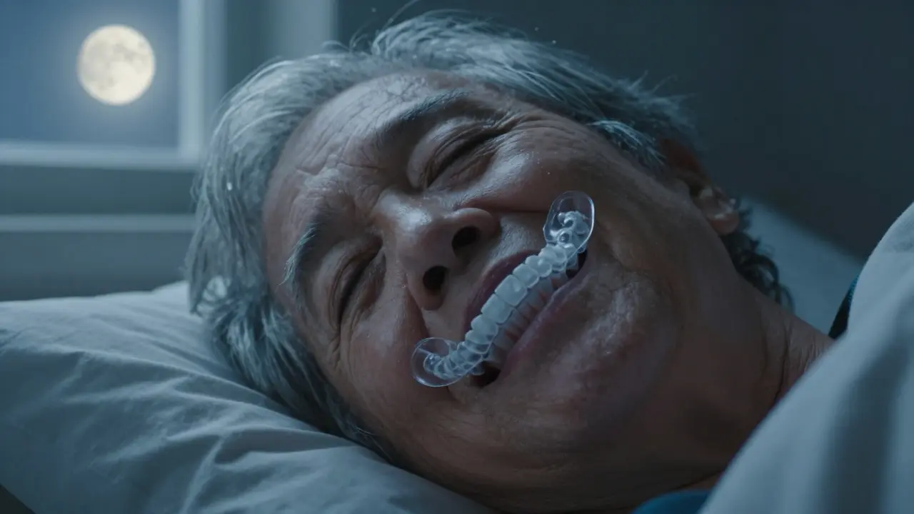 Starší osoba spí s retencním rovnátkem za noc.