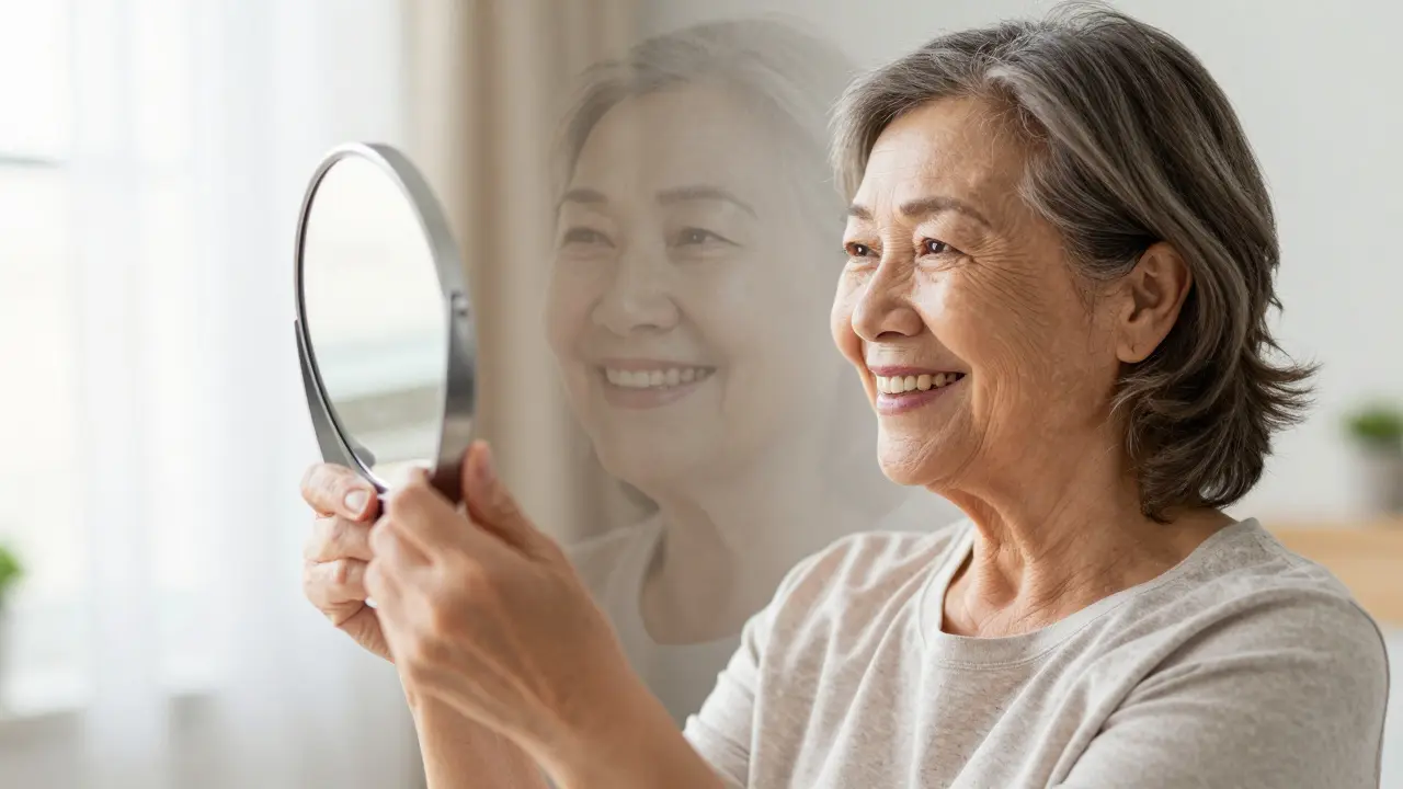 Starší žena se směje do zrcadla, její nový úsměv je vidět, zatímco za ní je jen stín dřívějšího poškození zubů.