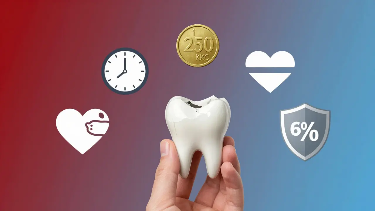 Symbolická scéna: zlomený zub s ikonami nouzové péče, 60% hradby a cenou 1 250 Kč.