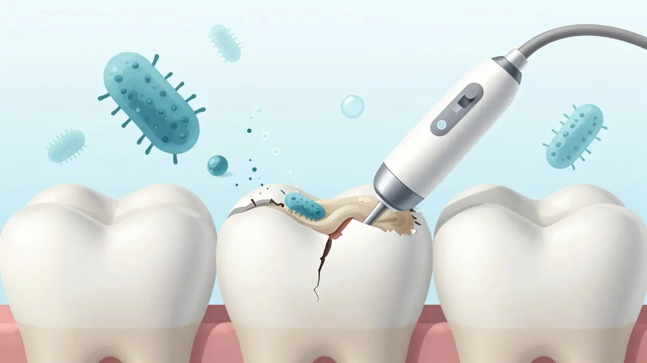 Ultrazvukový nástroj odstraňuje kámen z povrchu zubu