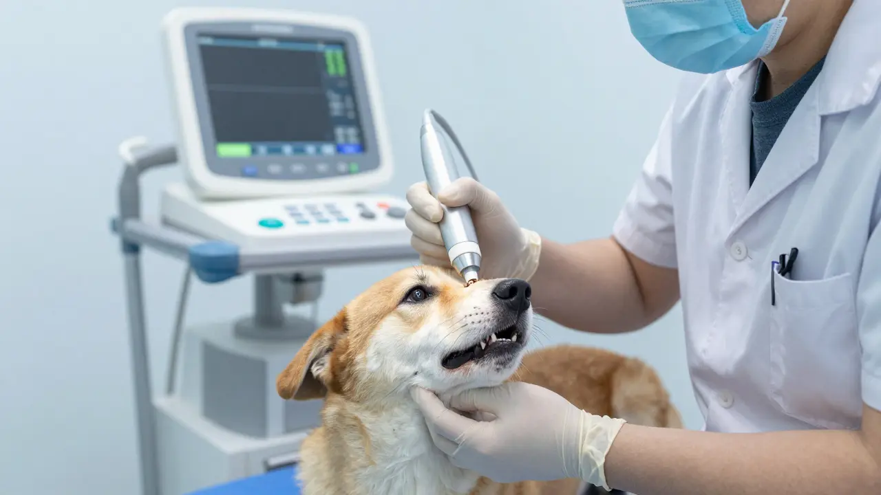 Veterinář čistí zuby psa ultrazvukovým nástrojem během anestezie.