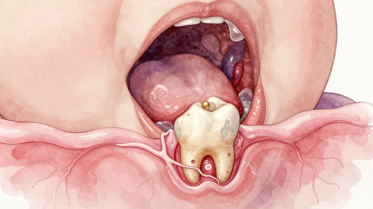 Vnitřní pohled na růst zubu pod dásní, s oteklými cévami a tlakem na tkáň.