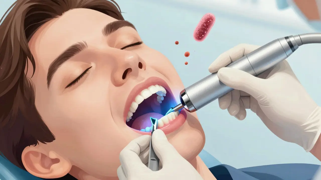 Zubní hygienistka odstraňuje zubní kámen pod dásní pomocí ultrazvukového přístroje.