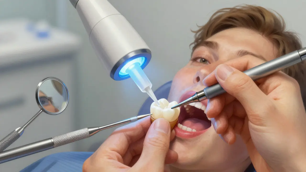 Zubní lékař aplikuje kompozitní materiál na zub bez odřezávání skloviny