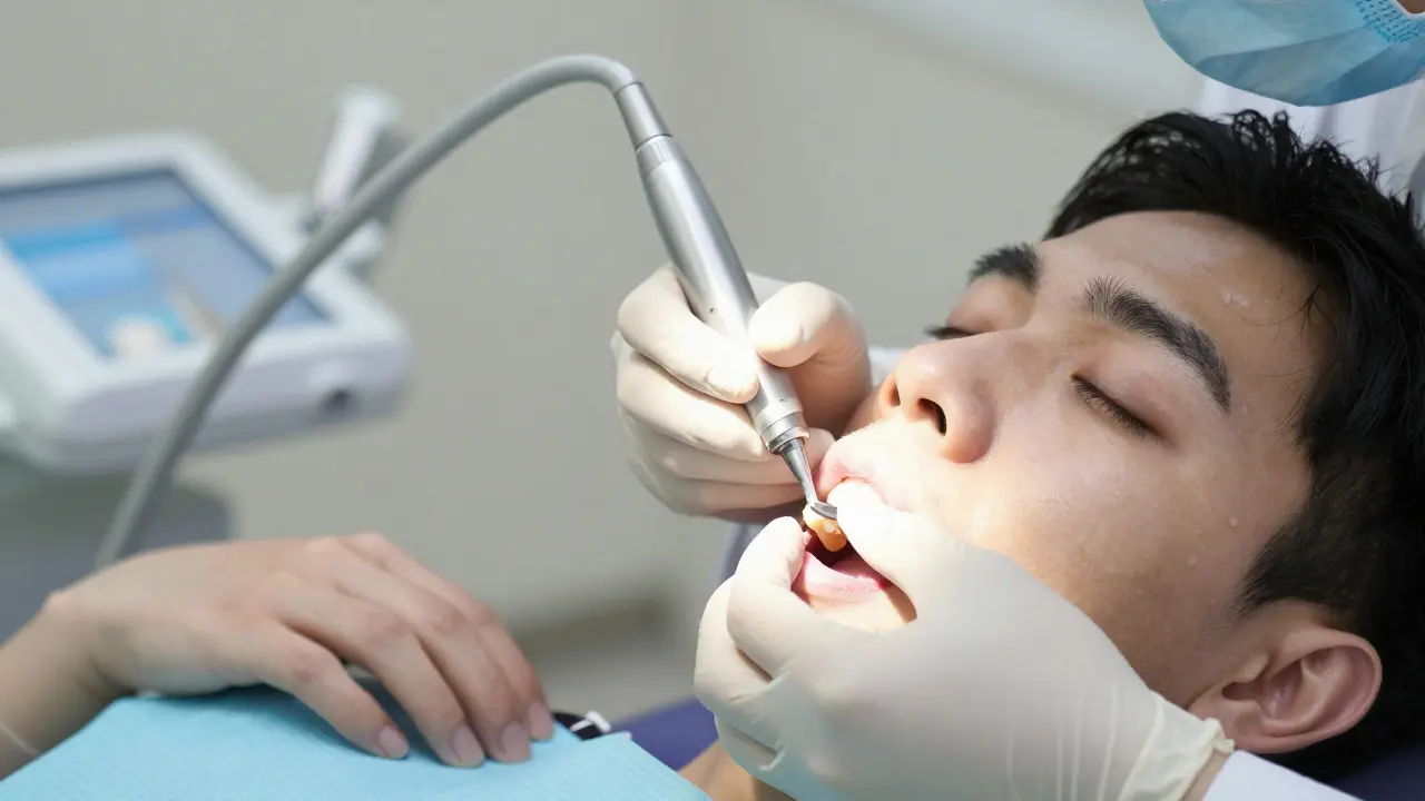 Zubní lékař jemně brousí jednu zubní hranu během rychlé, nebolestivé procedury.