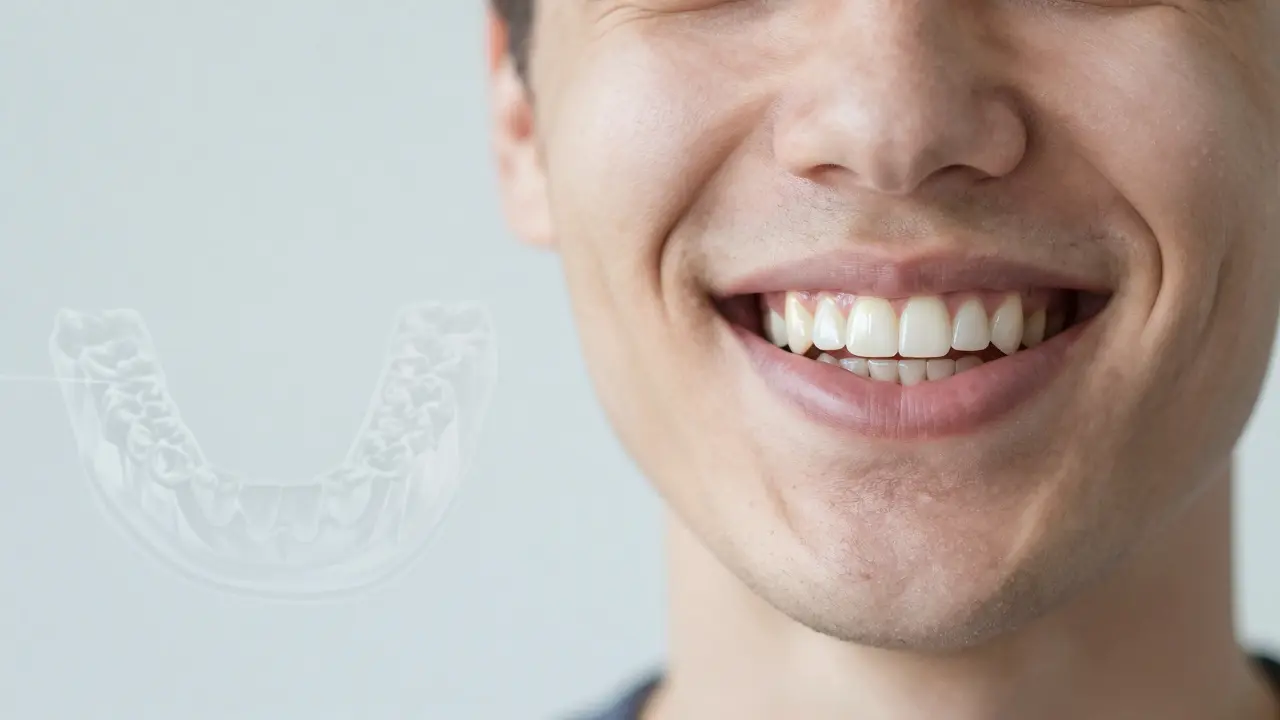 A person smiling with natural-looking teeth, one implant subtly glowing, while old dentures fade in the background.
