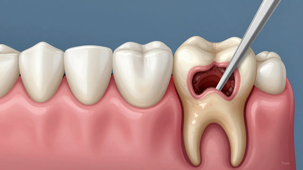 Anatomical comparison of healthy gums versus diseased gums with tartar and bone loss.