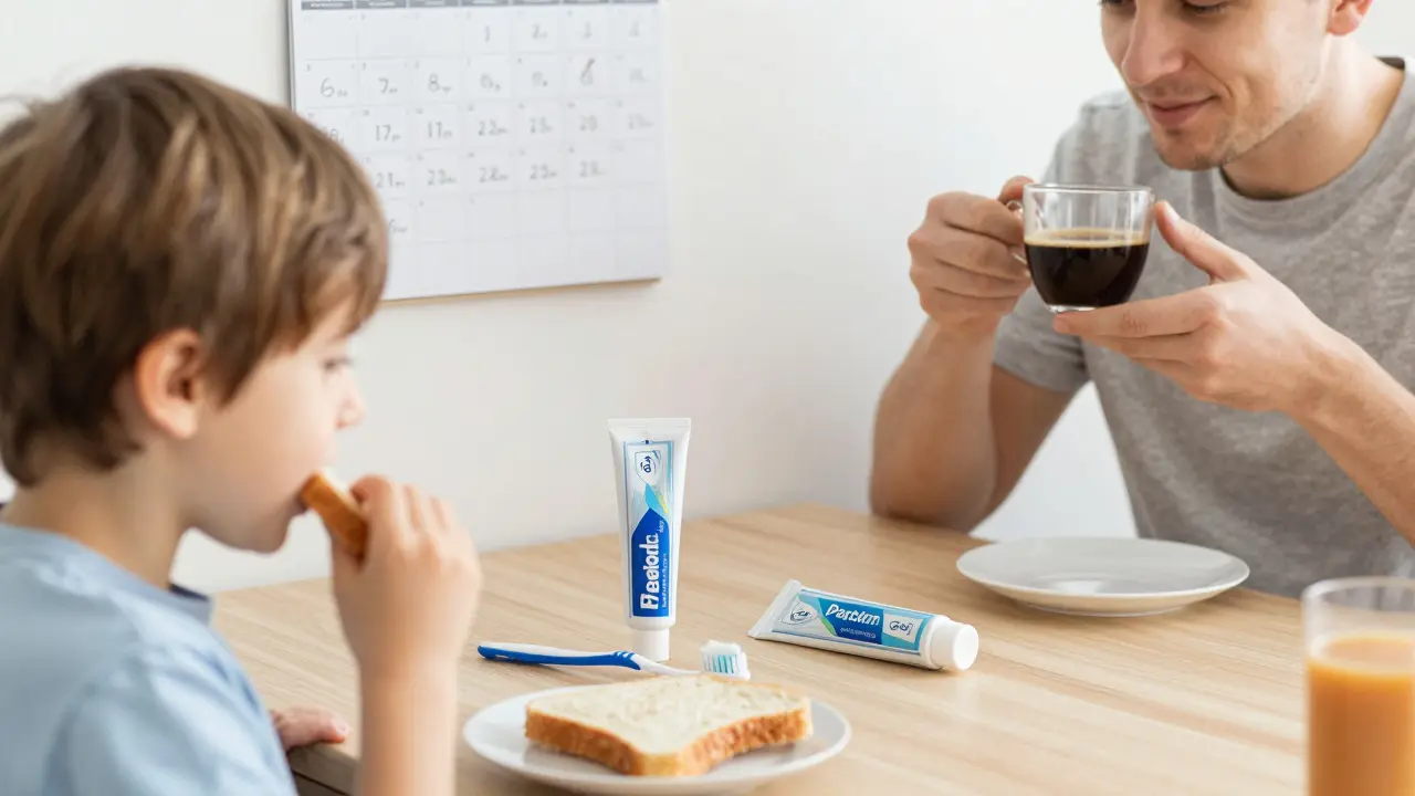 Česká rodina při snídani, s kartáčkem a pastou na stole, symbolizující prevenci kazu.