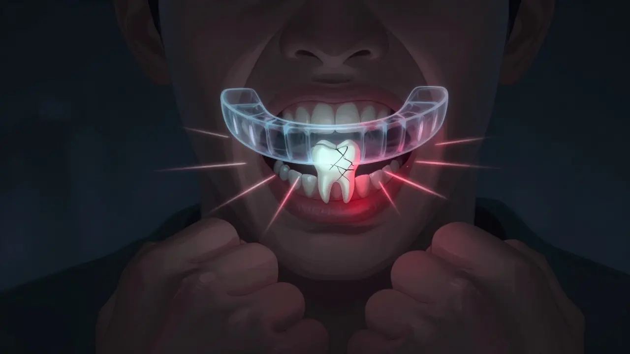 Člověk třískající zuby v noci, s viditelnou prasklinou v jednom zubu a nočním štítěm nad ústy.