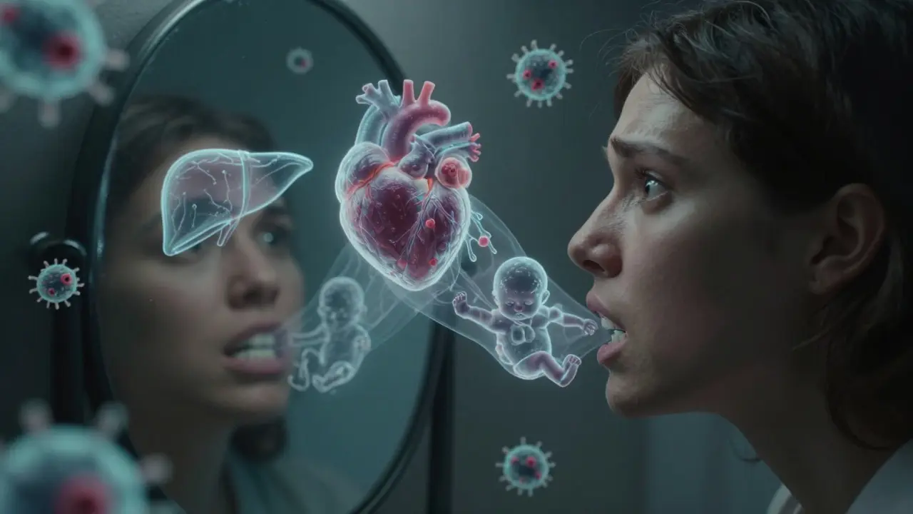 Člověk v zrcadle s bakteriemi vystupujícími z dásní do těla