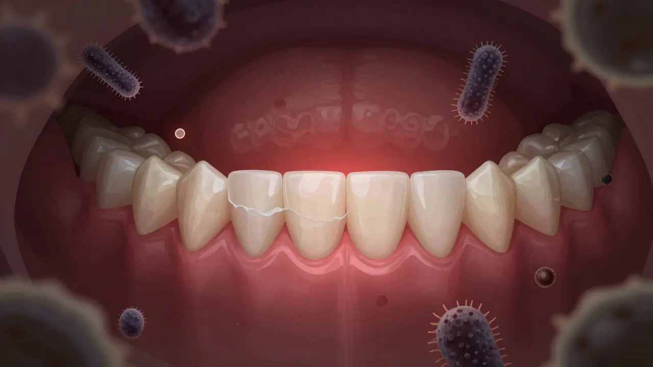Cross-section of a jaw showing plaque accumulation under a dental bridge causing decay.