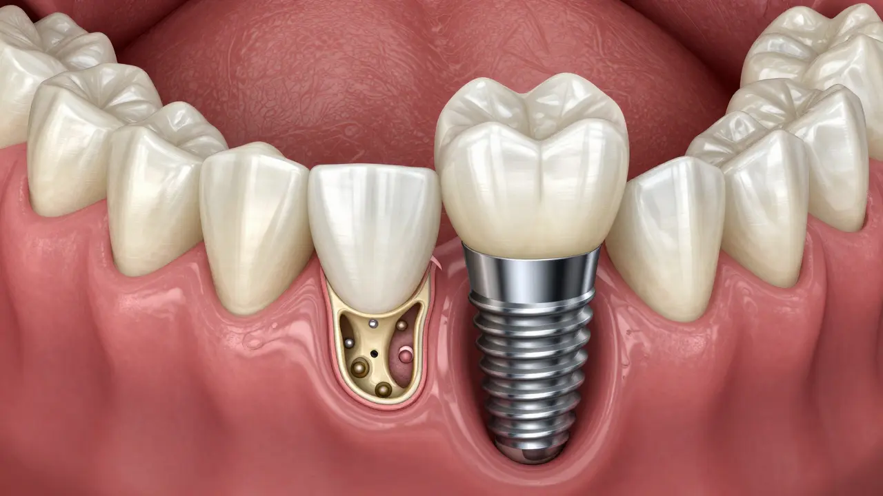Cross-section of a jawbone showing a titanium implant integrated with bone tissue and a ceramic crown.