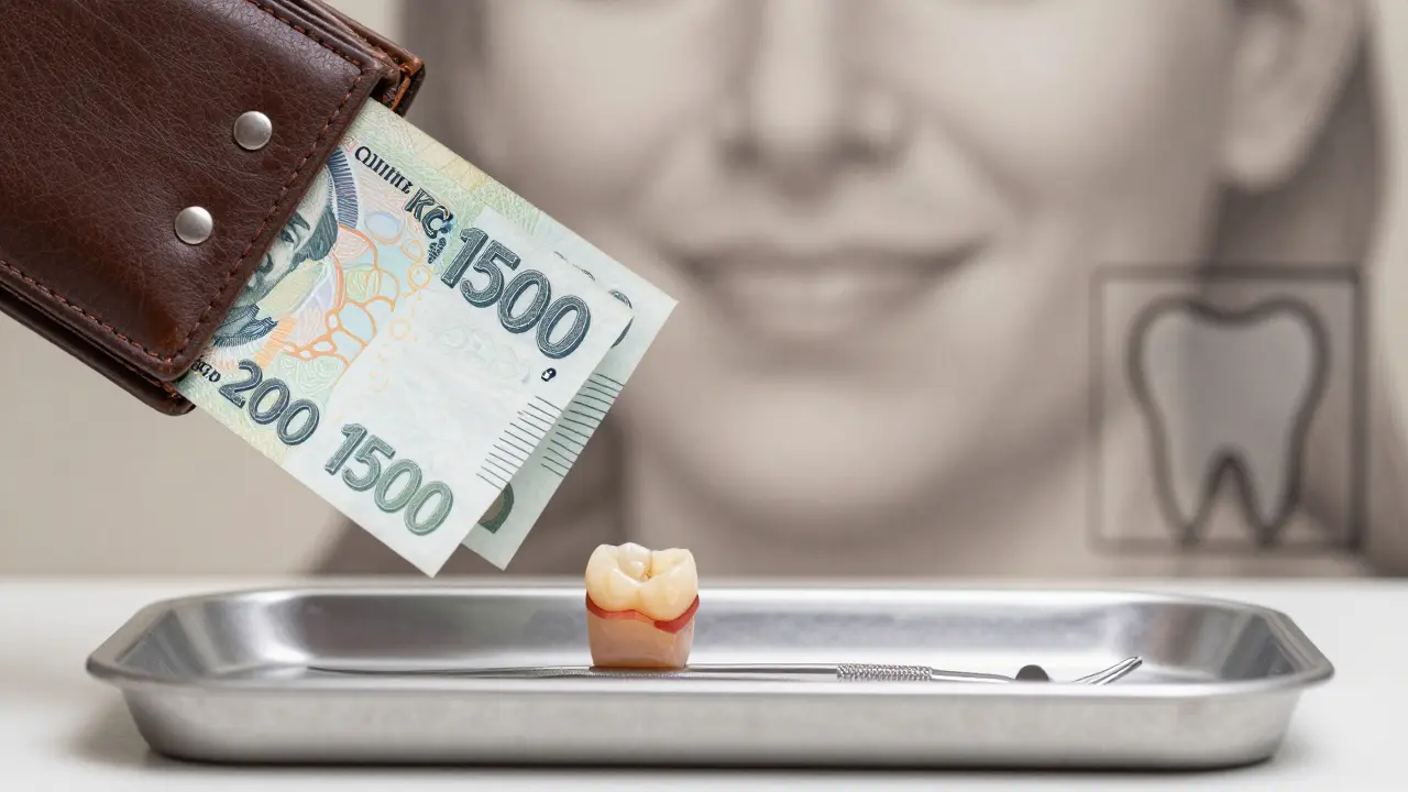 Czech banknotes beside a dental composite restoration, symbolizing cost and health investment.