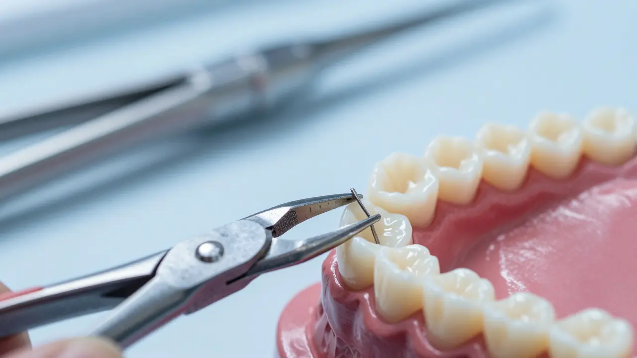 Detailní makro záběr nástrojů upravujících drát rovnátek.