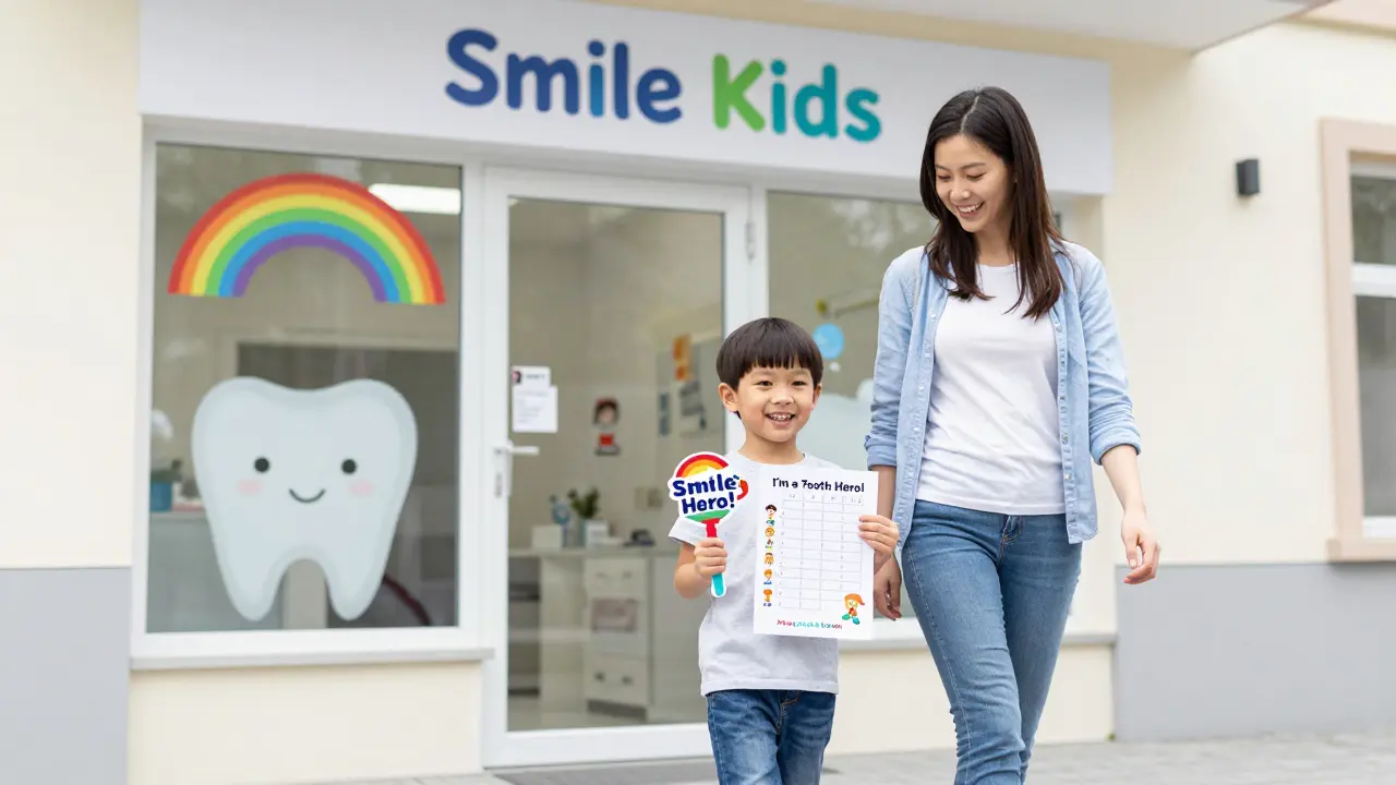 Dítě s nálepkou a plánem čištění zubů vychází z kliniky, kde rodič a dítě vypadají spokojeni.