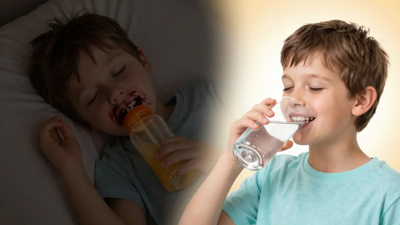 Dítě spí s láhvičkou slazené šťávy (levá strana) vs. pije vodu s zdravými zuby (pravá strana).