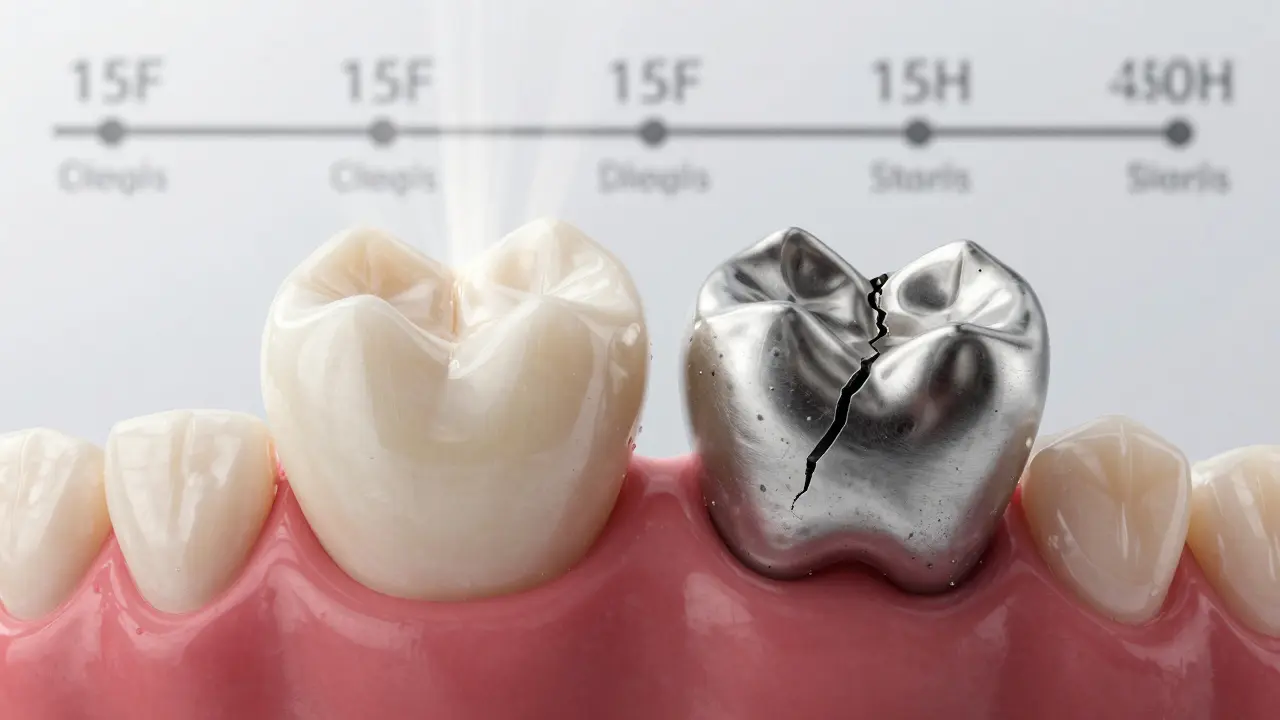 Keramická korunka vedle kovové – světlo prochází keramikou, kov způsobuje stíny a pigmentaci.