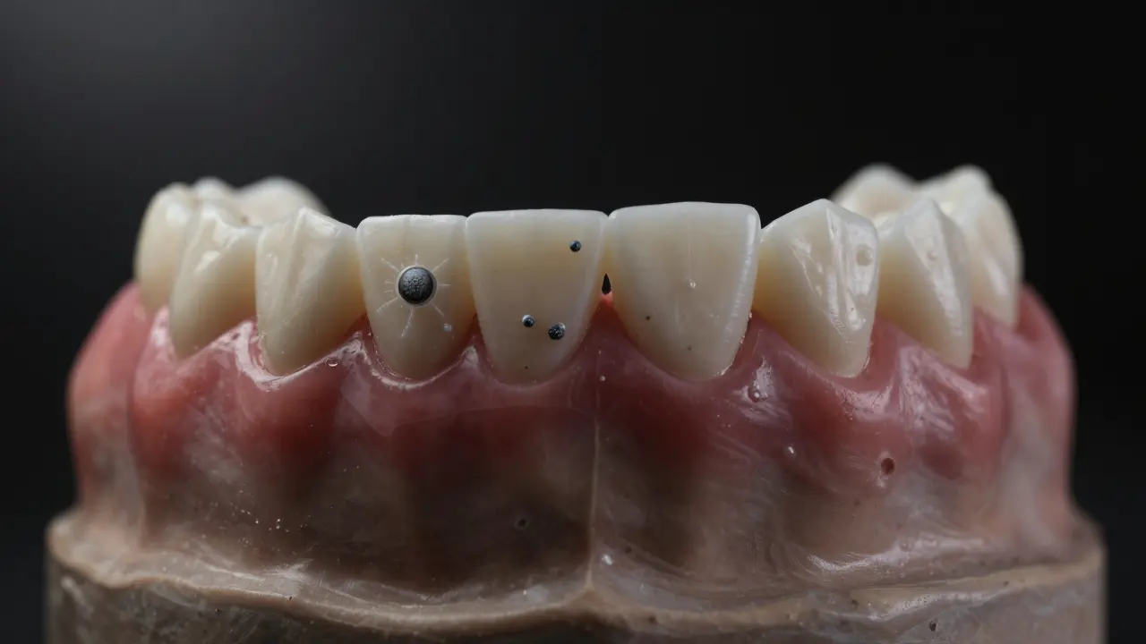 Křivé zuby s viditelným ničením kosti kolem kořenů.