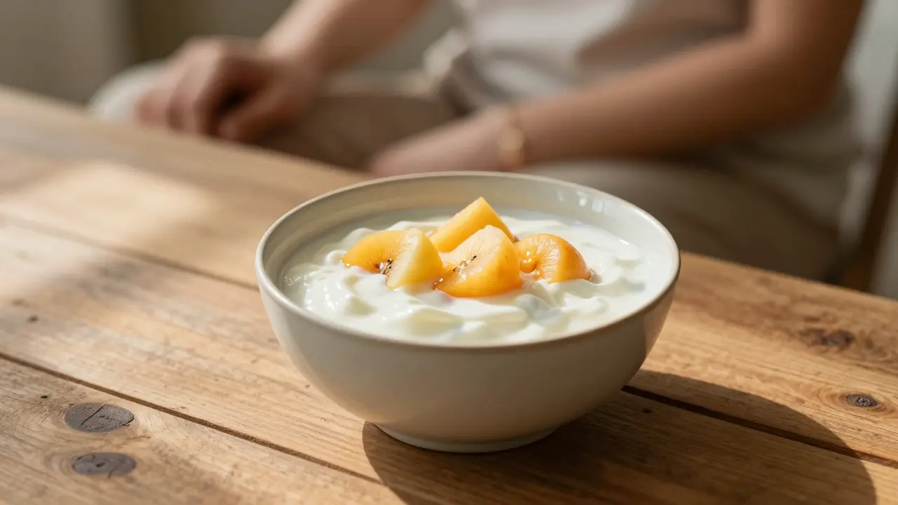 Mísa s jogurtem a ovocem na dřevěném stole v teplém světle.