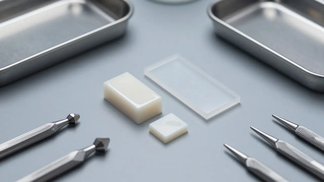 Náhled shora na zirkonium a sklokeramiku v zubní technické laboratoři.