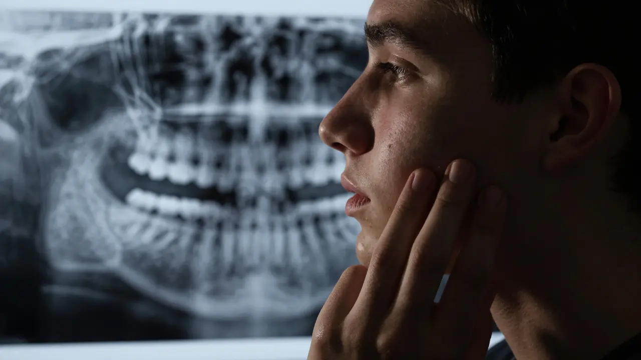 Nepřímo vyrůstající zub moudrosti u teenagera s oteklou dásní