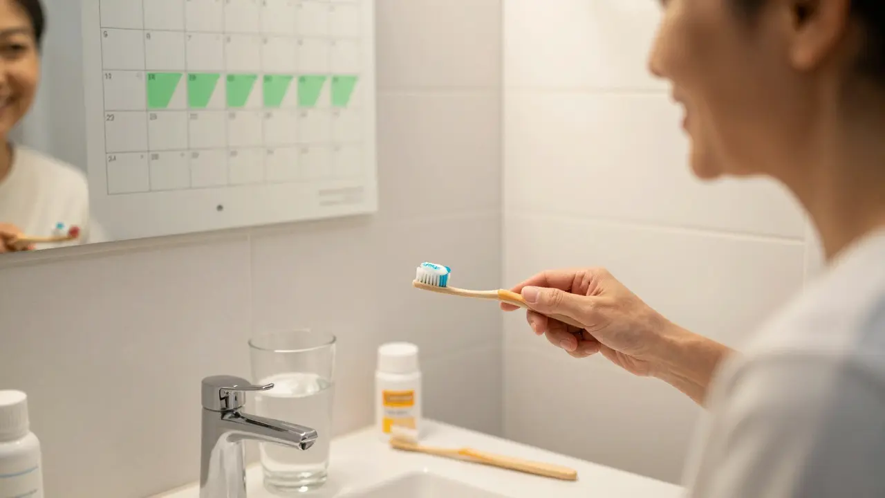 Person smiling in bathroom with toothbrush and saltwater, showing post-treatment care after dental scaling.