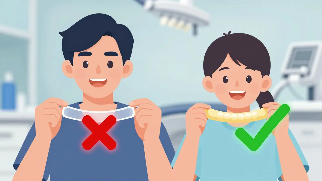 Porovnání bezpečné silikonové a nebezpečné latexové gumičky na rovnátko s symboly ano/ne.