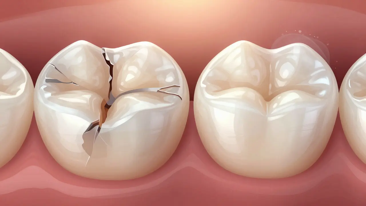 Porovnání poškozené levné plomby a kvalitní bílé výplně s přirozeným vzhledem zubu.