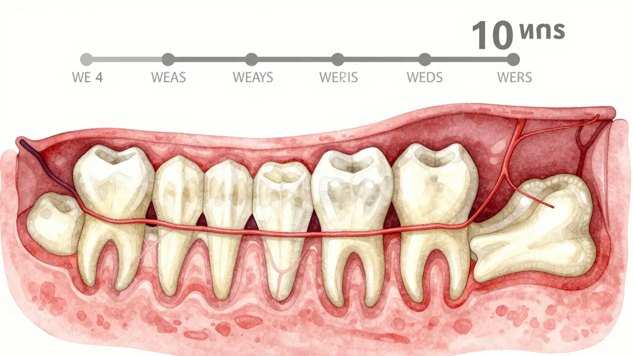 Průřez čelistí ukazující postupný růst moláru skrz tkáně