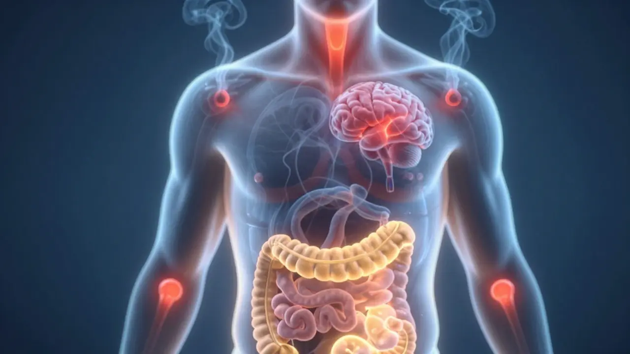 Průřez tělem s viditelnými zánětlivými oblastmi v ústech, střevech a kloubech.