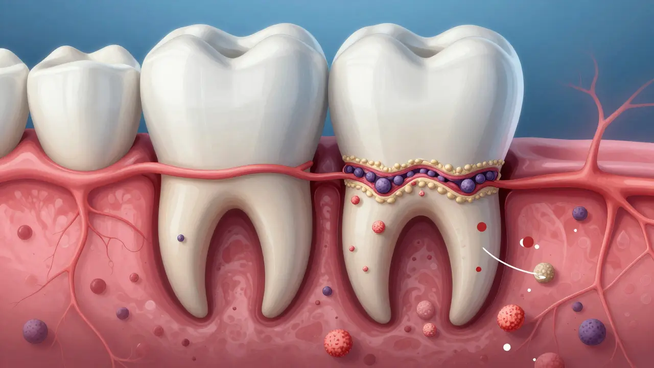 Průřez zubu a dásně s bakteriemi a vápenitým nánosem pod dásní