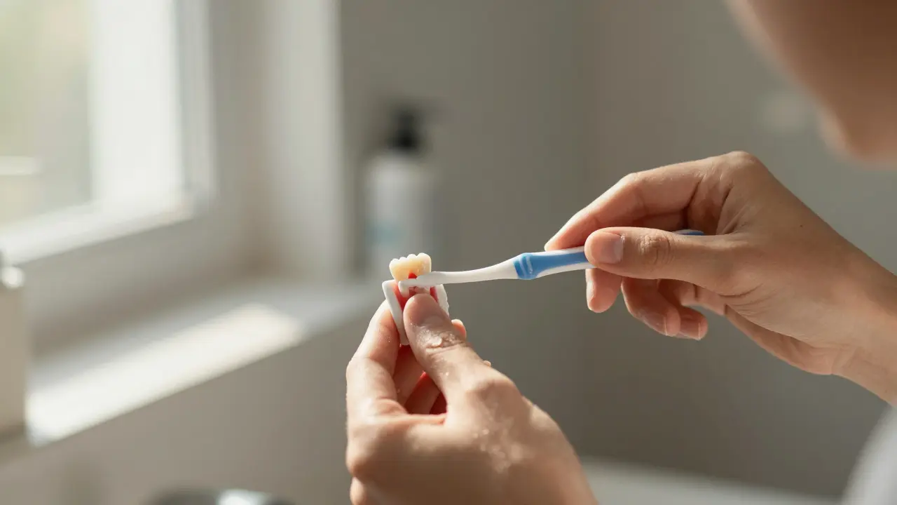 Ruka drží mezizubní kartáček a čistí mezi zuby při denním světle.