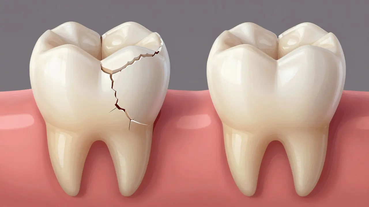 Side-by-side comparison of a damaged tooth and its perfectly repaired composite restoration.