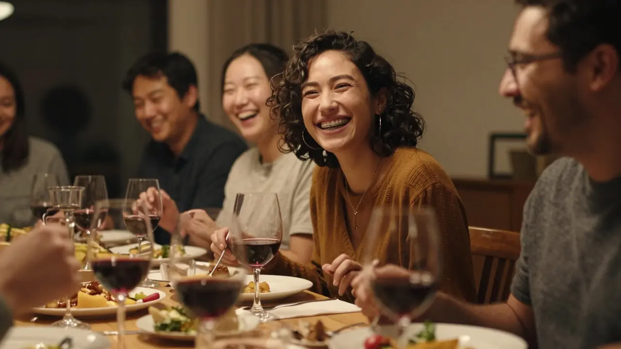 Skupina přátel se směje na večeři, jeden z nich má keramická rovnátka.