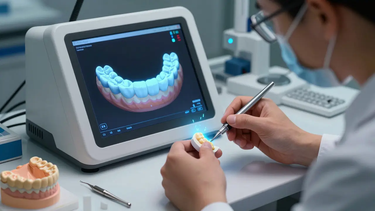 Technik v laboratoři vytváří keramickou korunku pomocí CAD/CAM technologie.
