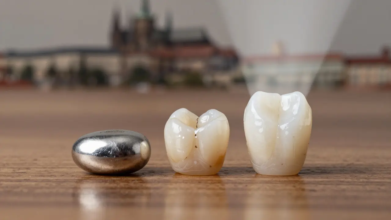 Tři typy plomb uspořádané vedle sebe: stříbrná, poškozená a kvalitní bílá s leskem.