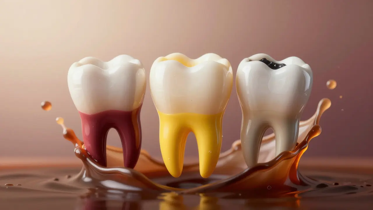 Tři typy zubů: žlutý, šedý a s plombou, s kapkami kávy a červeného vína.